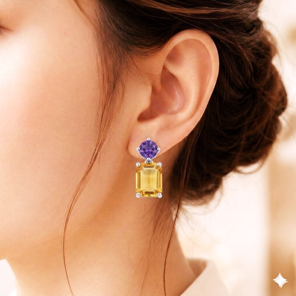 Regal Contrast Amethyst & Yellow Sapphire Silver Earrings