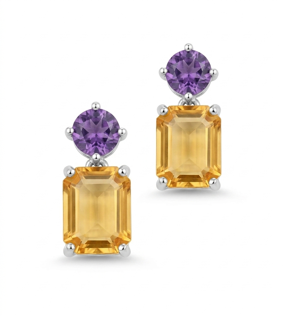 Regal Contrast Amethyst & Yellow Sapphire Silver Earrings