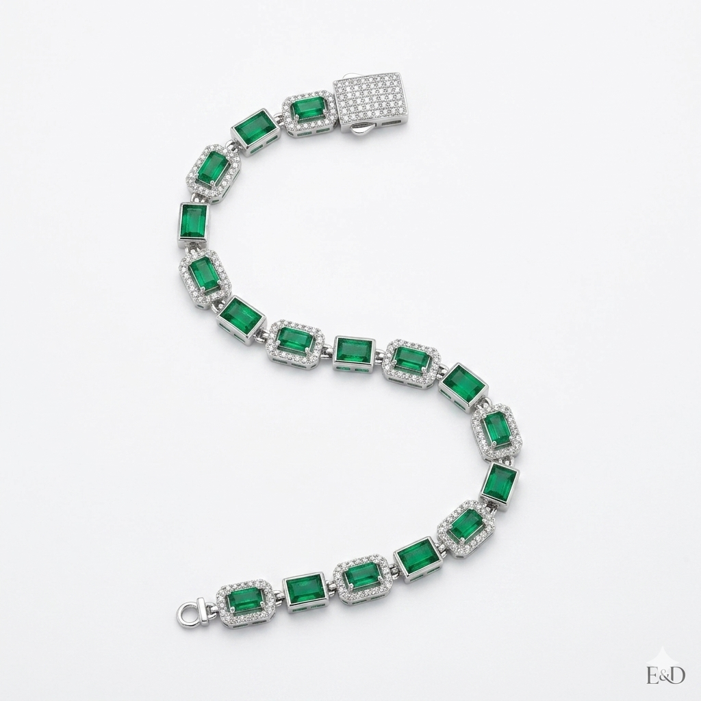 Emerald and Diamond Halo Statement Bracelet