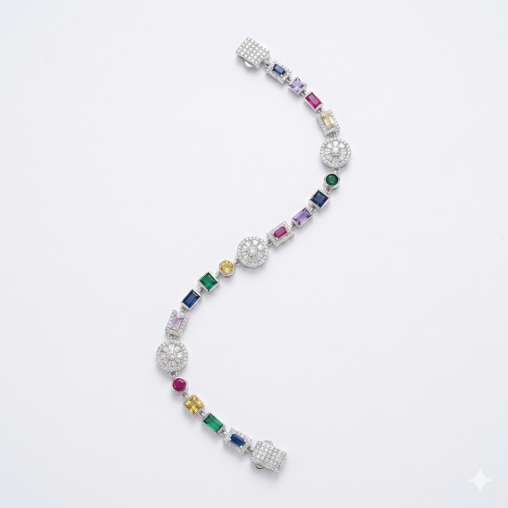 Multi-Color Gemstone and Round Diamond Cluster Link Bracelet