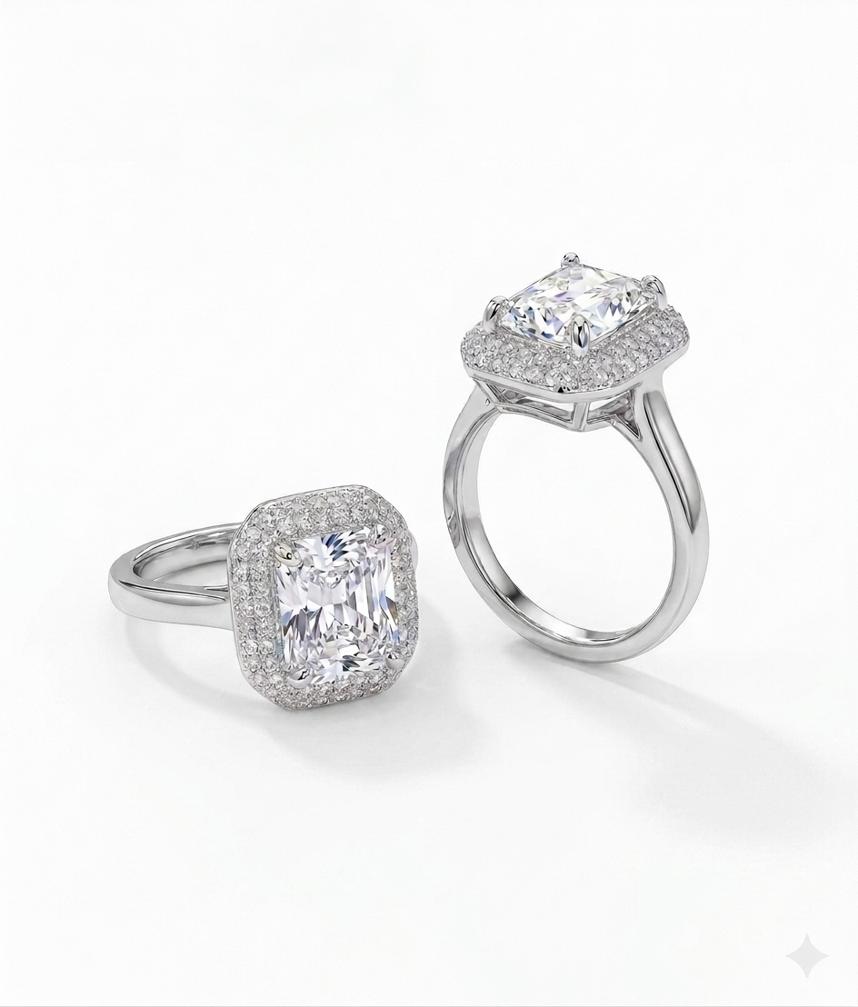 Emerald-Cut Silver Engagement Ring