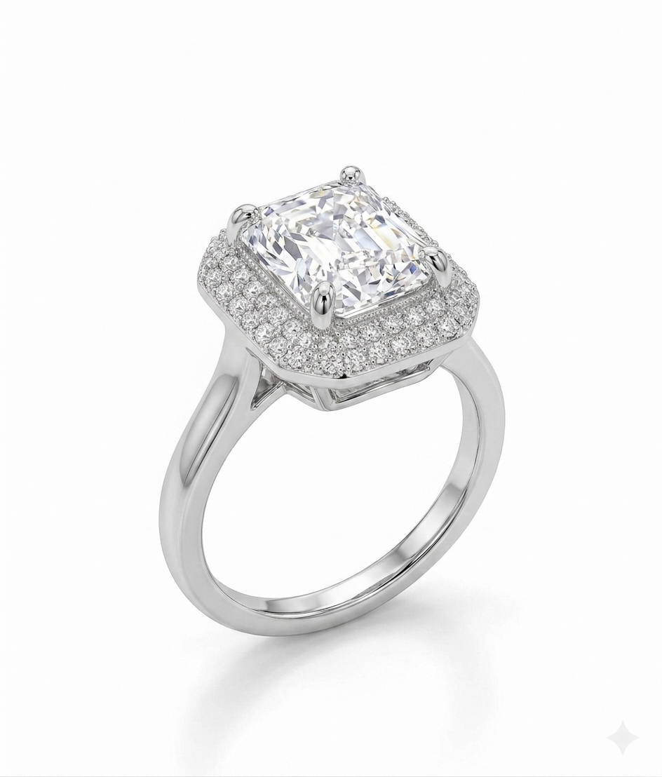 Emerald-Cut Silver Engagement Ring
