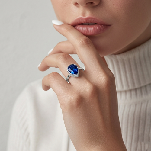 Deep Ocean Blue Pear-Shaped Bezel Statement Ring