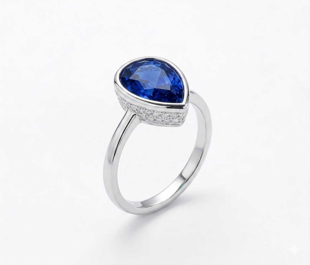 Deep Ocean Blue Pear-Shaped Bezel Statement Ring