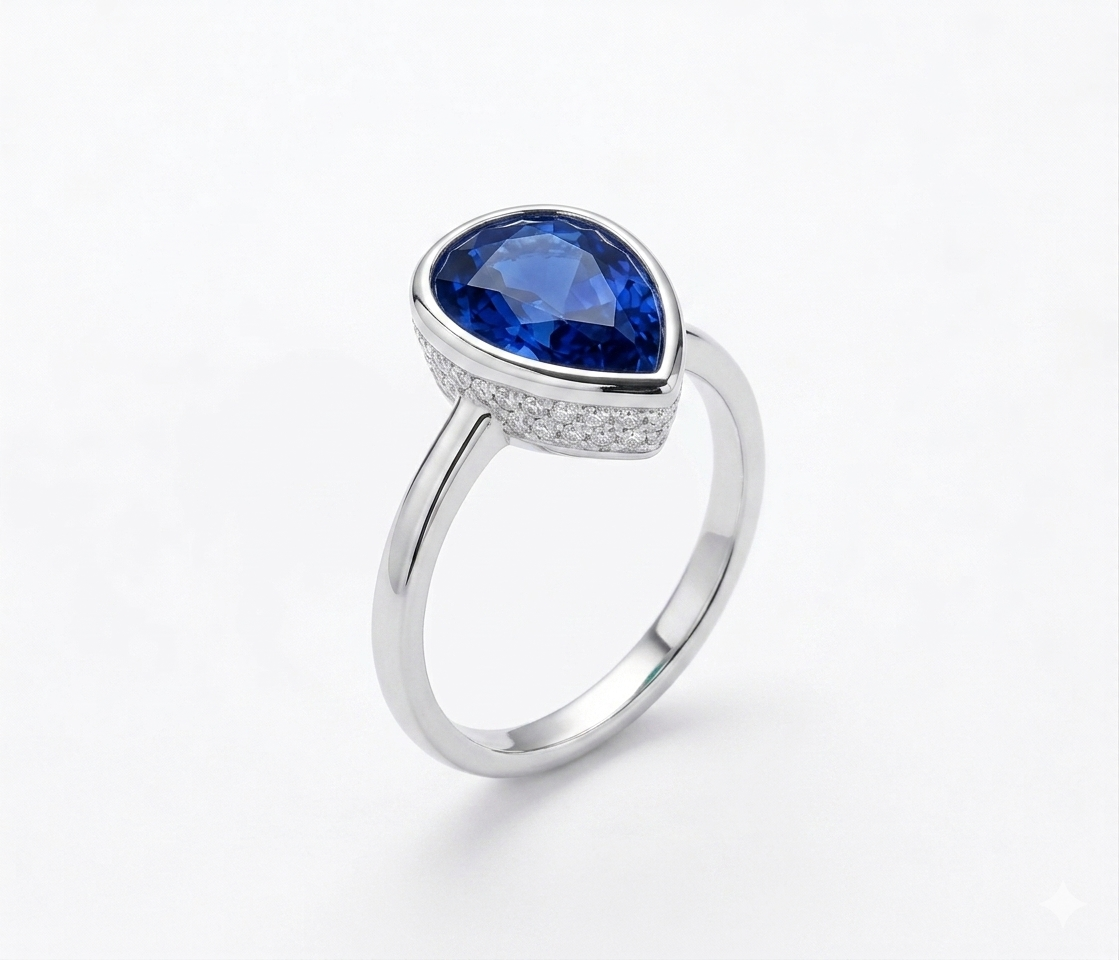 Deep Ocean Blue Pear-Shaped Bezel Statement Ring