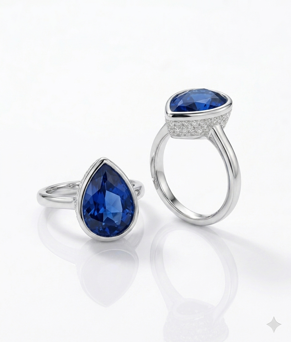 Deep Ocean Blue Pear-Shaped Bezel Statement Ring