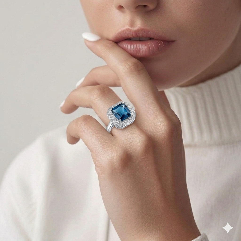 London Blue Topaz Emerald-Cut  Ring in Sterling Silver
