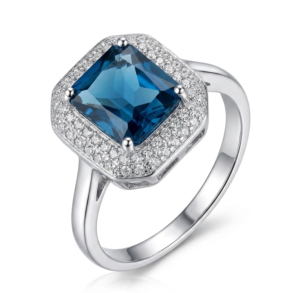 London Blue Topaz Emerald-Cut  Ring in Sterling Silver