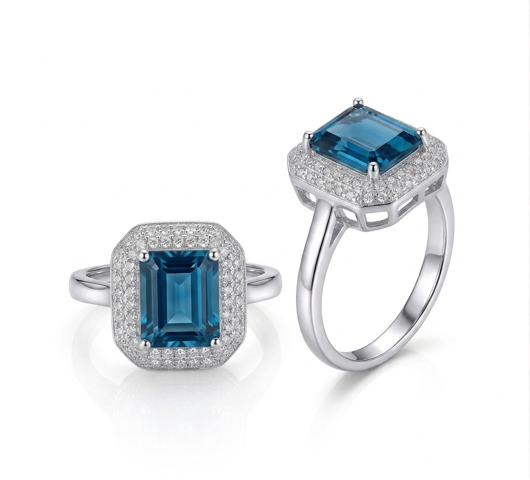 London Blue Topaz Emerald-Cut  Ring in Sterling Silver