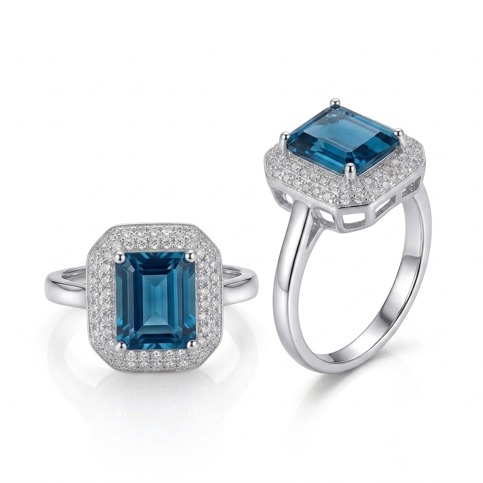 London Blue Topaz Emerald-Cut  Ring in Sterling Silver