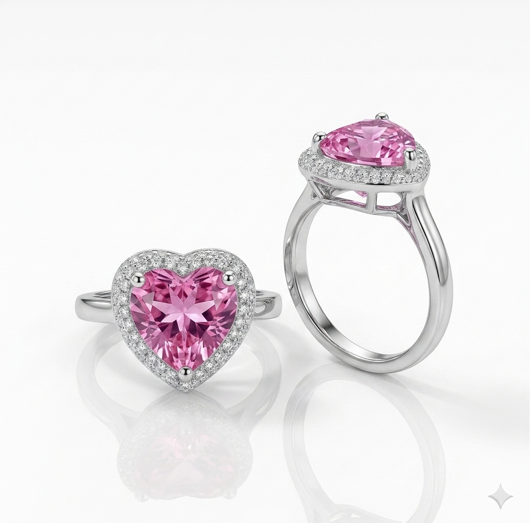 Romantic Pink Heart Gemstone Halo Ring in Sterling Silver