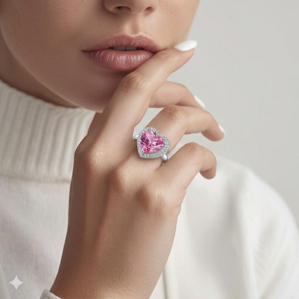 Romantic Pink Heart Gemstone Halo Ring in Sterling Silver