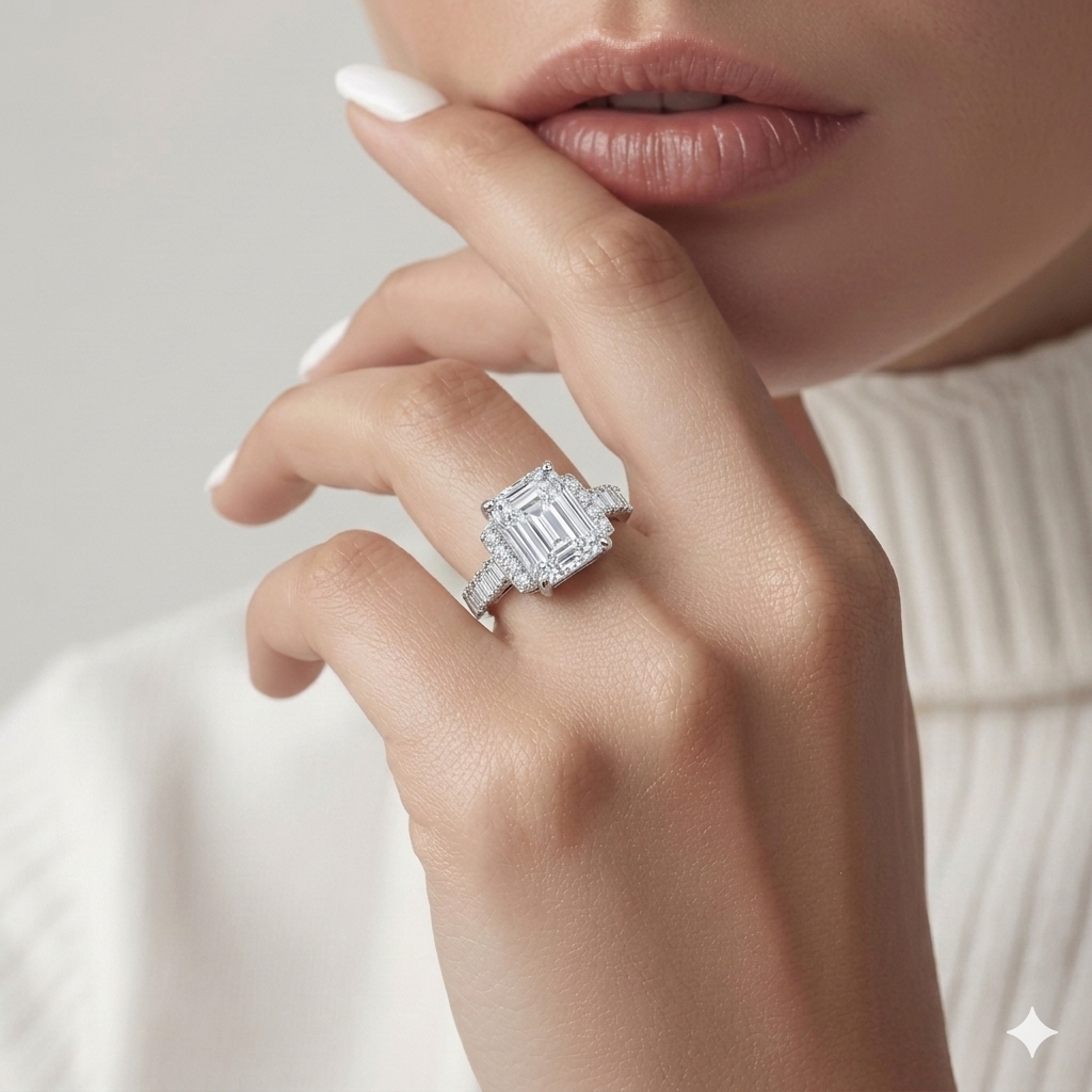 Emerald-Cut Solitaire Engagement Ring with Halo and Baguette Band