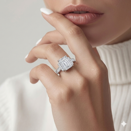 Emerald-Cut Solitaire Engagement Ring with Halo and Baguette Band