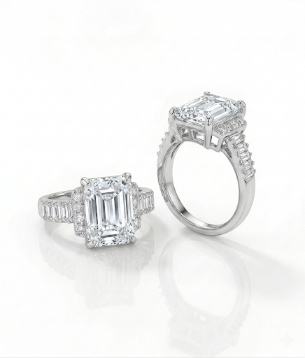 Emerald-Cut Solitaire Engagement Ring with Halo and Baguette Band