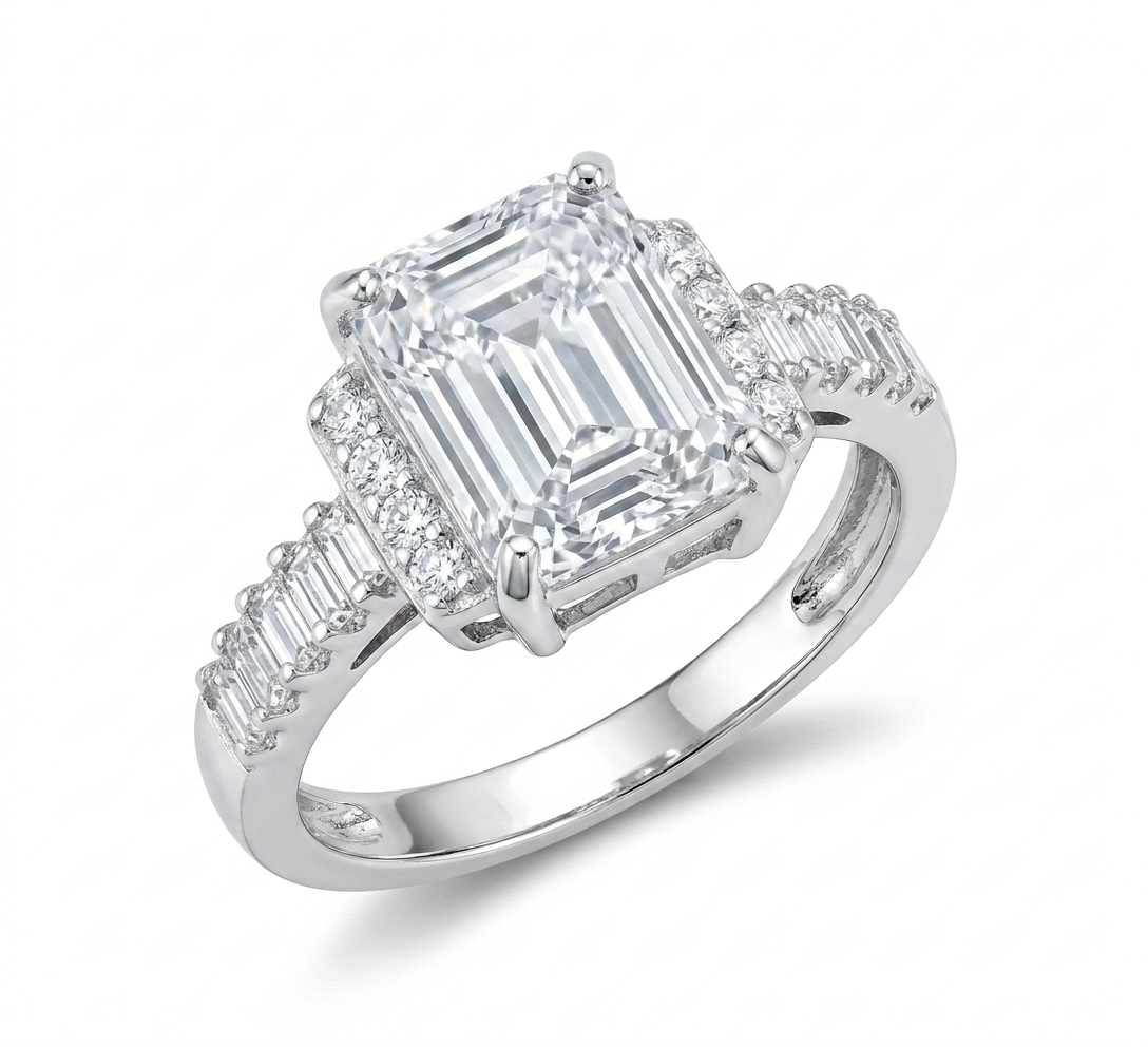 Emerald-Cut Solitaire Engagement Ring with Halo and Baguette Band