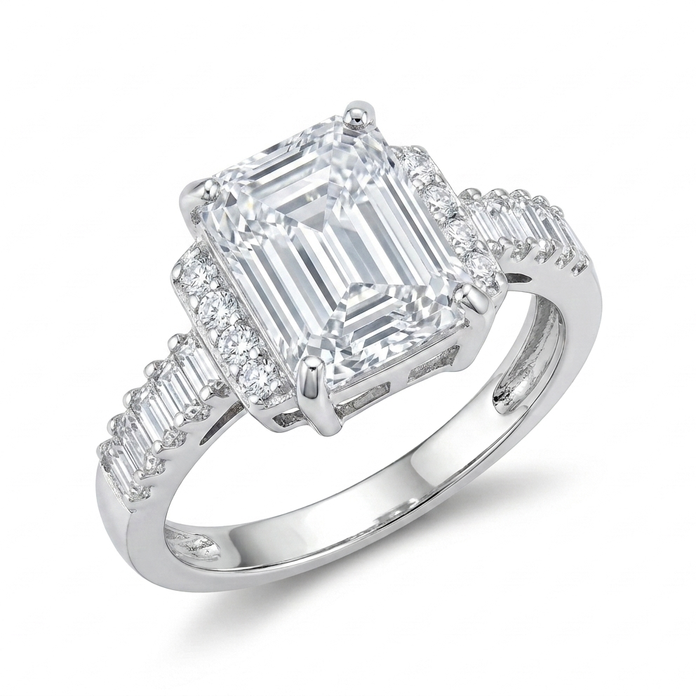 Emerald-Cut Solitaire Engagement Ring with Halo and Baguette Band