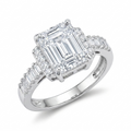 Emerald-Cut Solitaire Engagement Ring with Halo and Baguette Band