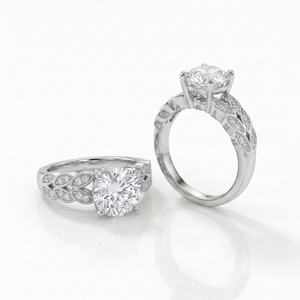 Solitaire Engagement Ring with Vintage Leaf Motif Diamond Band