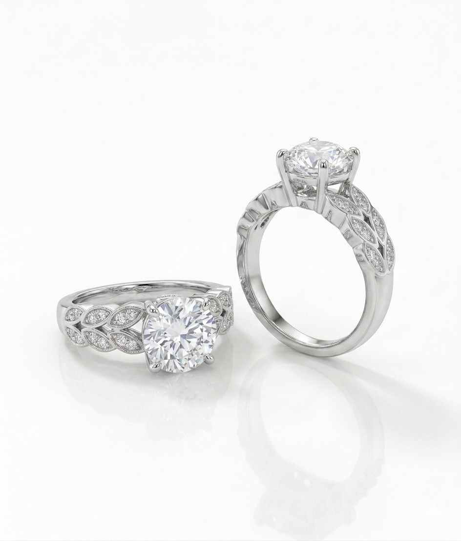 Solitaire Engagement Ring with Vintage Leaf Motif Diamond Band