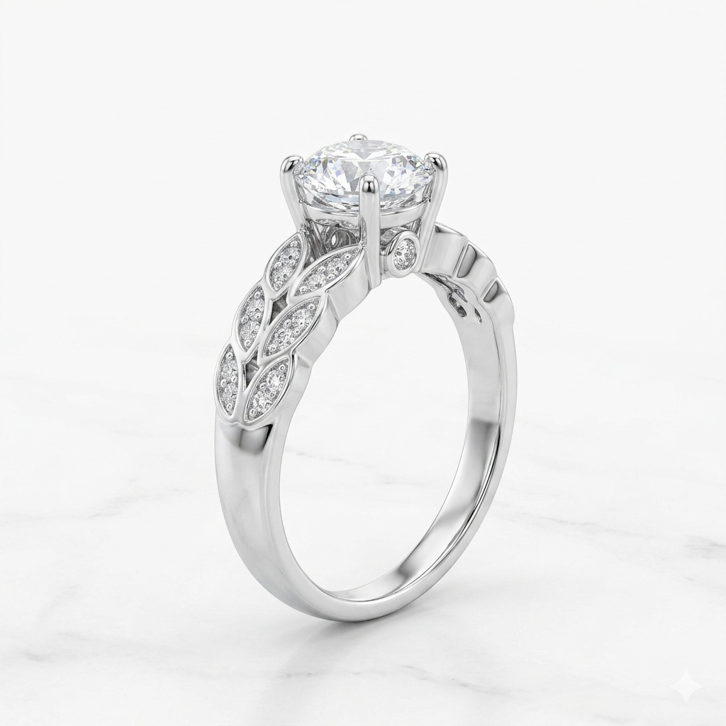 Solitaire Engagement Ring with Vintage Leaf Motif Diamond Band