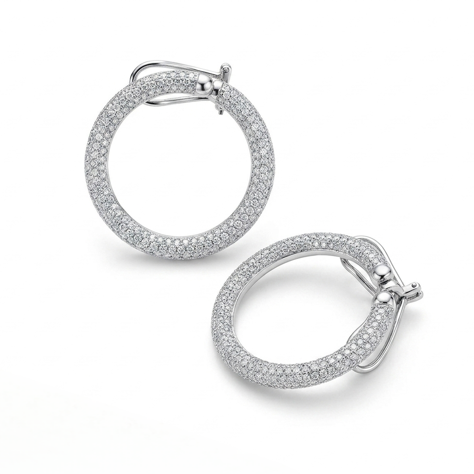 Glorious Radiance Pavé Diamond Silver Hoop Earrings
