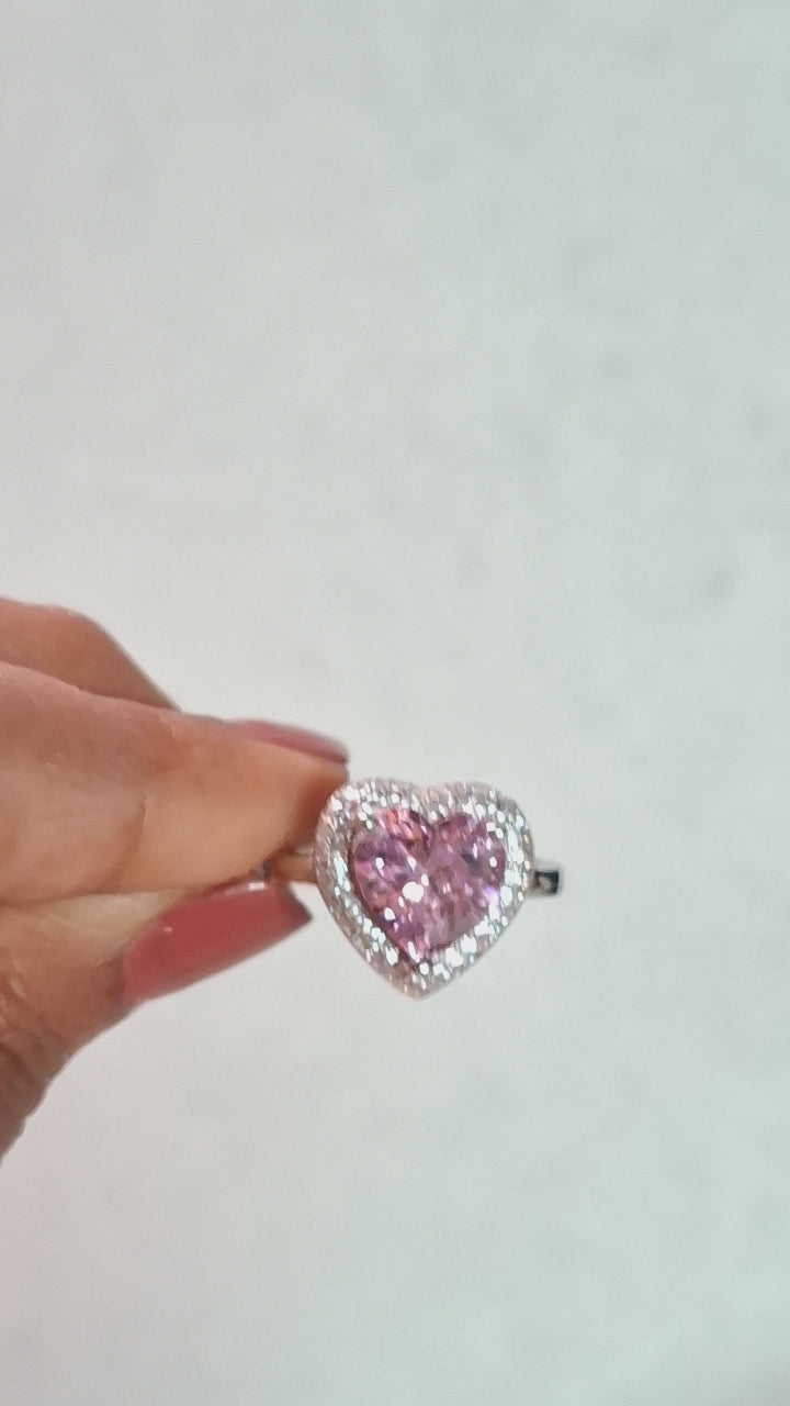 Romantic Pink Heart Gemstone Halo Ring in Sterling Silver